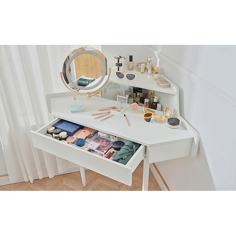 Bureau de coiffeuse de coin moderne avec grand rangement, miroir et tabouret à DEL, luminosité réglable, peu encombrant, blanc