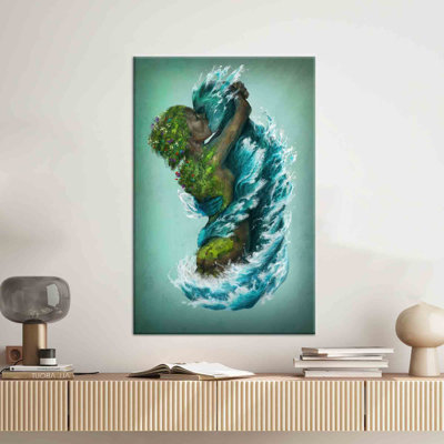Modern Love Couples Surreal Art Canvas Wall Decor Featuring Land and Sea As a Kiss