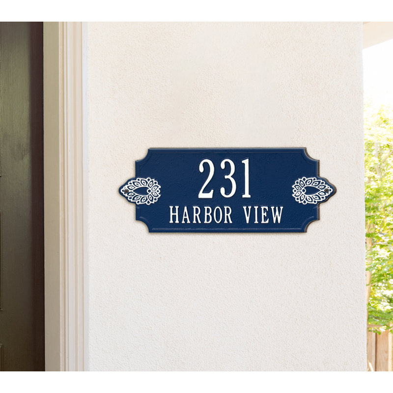 Sofia 2-Line Personalized Wall Address Plaque, Dark Blue/White, Yes