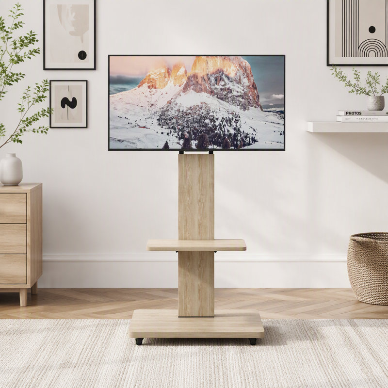 Chariot de télévision mobile avec roues verrouillables et support réglable, Naturel