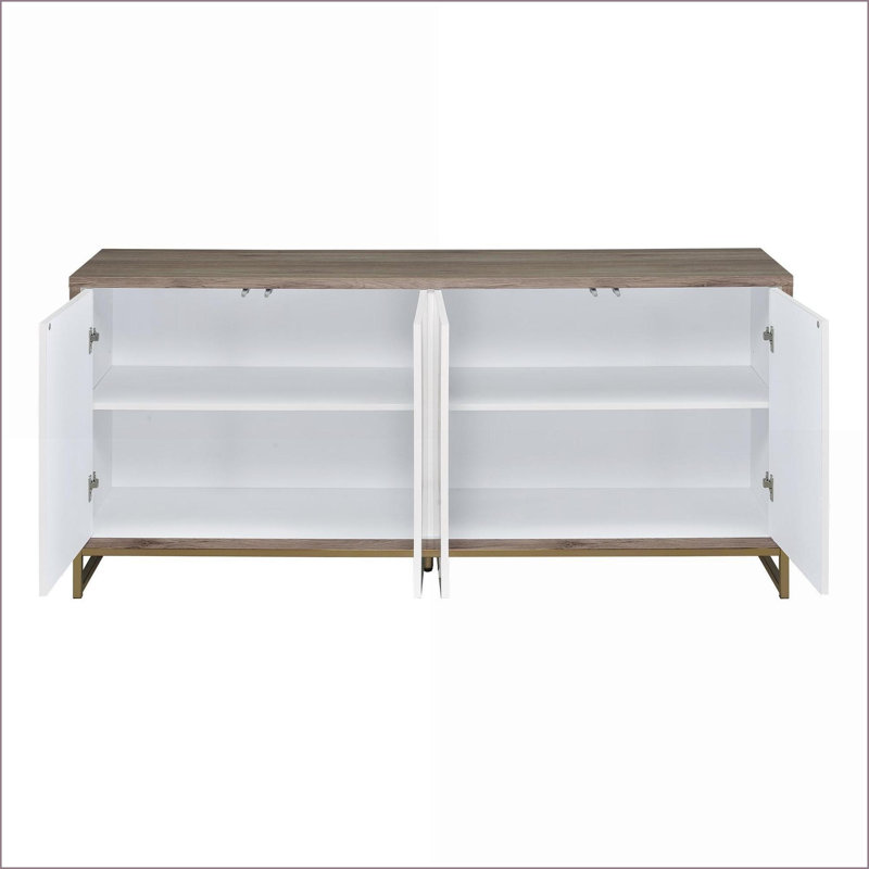 Console Cabinet White Marble Paint Oak &amp; Champagne Finish | 4 Compartments | Contemporary | Synthetic Wood