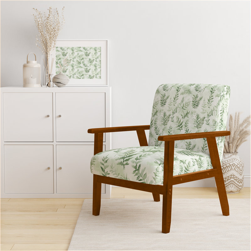 Chaise rembourrée Floral - Fauteuil vert fougère pâle, Accoudoirs carrés bruns
