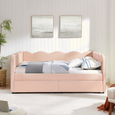 Cozy Gingham Daybed With Two Storage Drawers, With USB Port And Adorable Wave Shaped, Linen Fabric