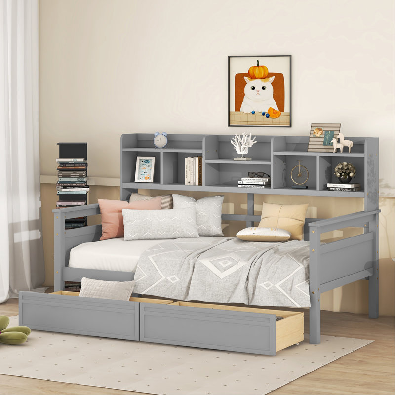 Lit de jour, support en lattes de bois, avec tablettes de chevet et deux tiroirs, Gris, Lit simple