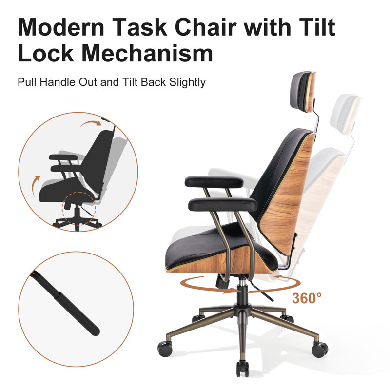 Mid-Century Modern Ergonomic Office Chair with Headrest, Faux Leather & Wood Frame, Black