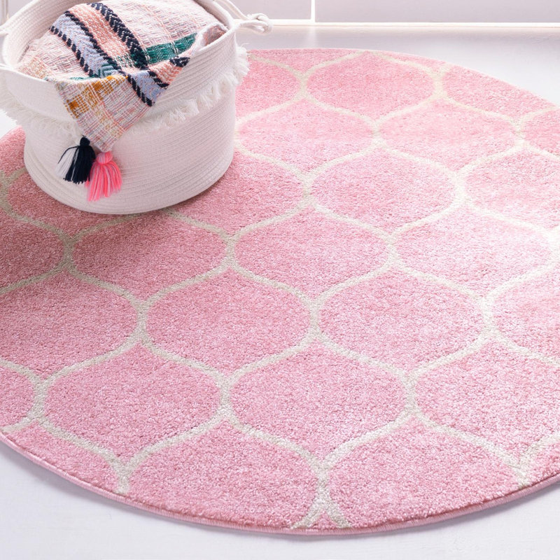 Llanet Geometric Pink Area Rug, Pink, Round 6'1"
