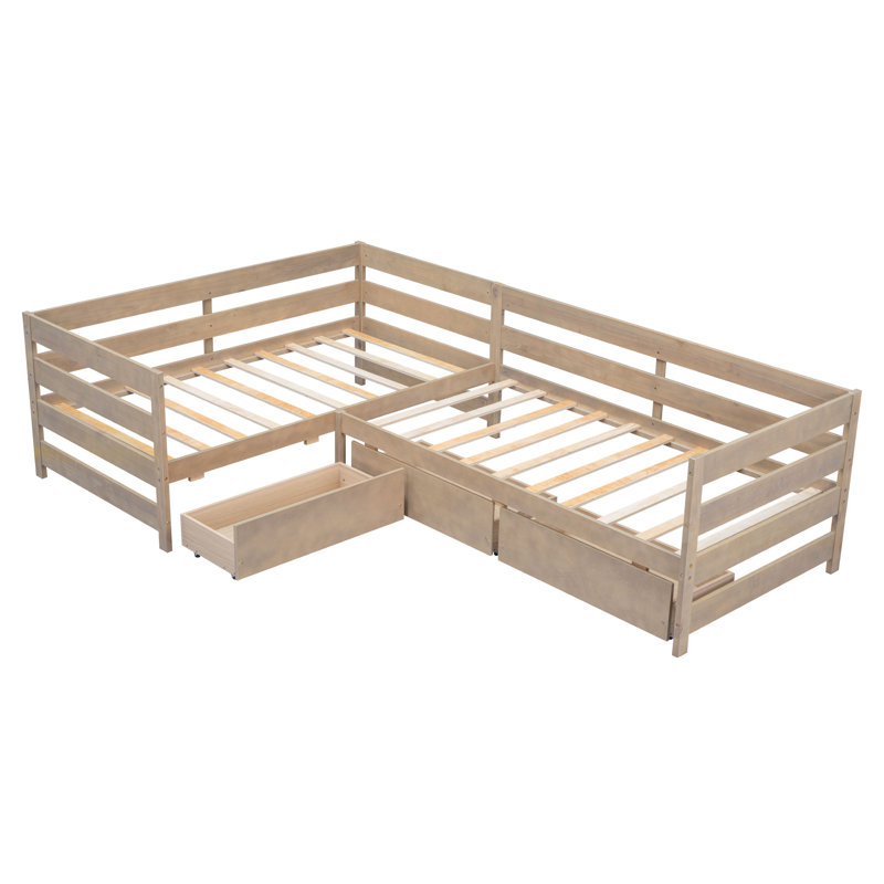 Lit plateforme en L avec tiroirs, Naturel