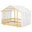 Lit plateforme avec cadre en forme de maison, baldaquin transparent et guirlandes lumineuses pour une chambre d'enfant ludique-178495969-178495983
