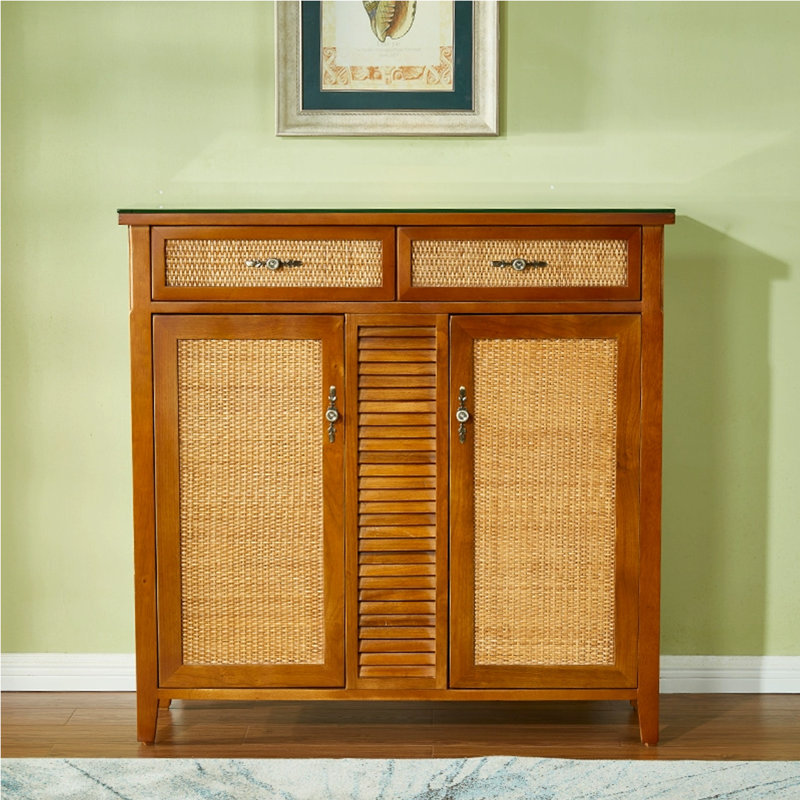 Banc de rangement en verre brun + bois massif + bois manufacturé + rotin, Brun