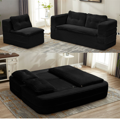 Multi Functional Sectional Sofa Bed with Independent Chaise Lounge and Functional Blanket,Plush Corduroy Sofa Couch,Convertible Sofa Bed,80" King Size Bed,Deep Seat Sofa,Camel
,OLD SKU:W3219P339468