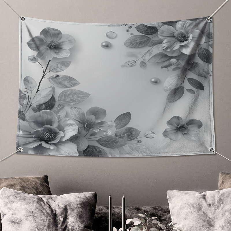 Tapisserie murale arrangement floral monochrome - décoration murale fleurs, 50in H x60in W with 4 Grommets