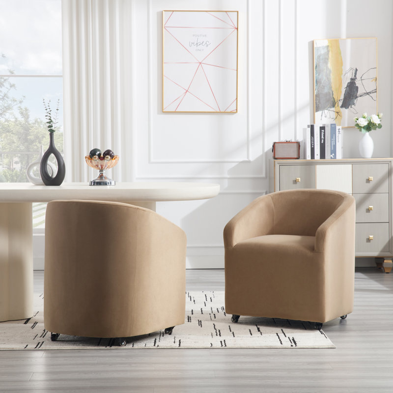 Upholstered Barrel Back Dining Chair With Swivel Casters Modern Arm Side Chair For Dining Room/Kitchen (Set of 2), Khaki