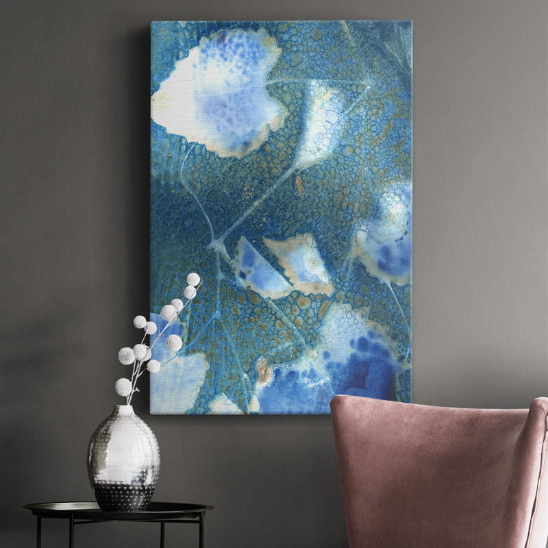 «Cyanorph Leaves I» - peinture sur toile tendue, H 60 po x l 40 po x P 1 po