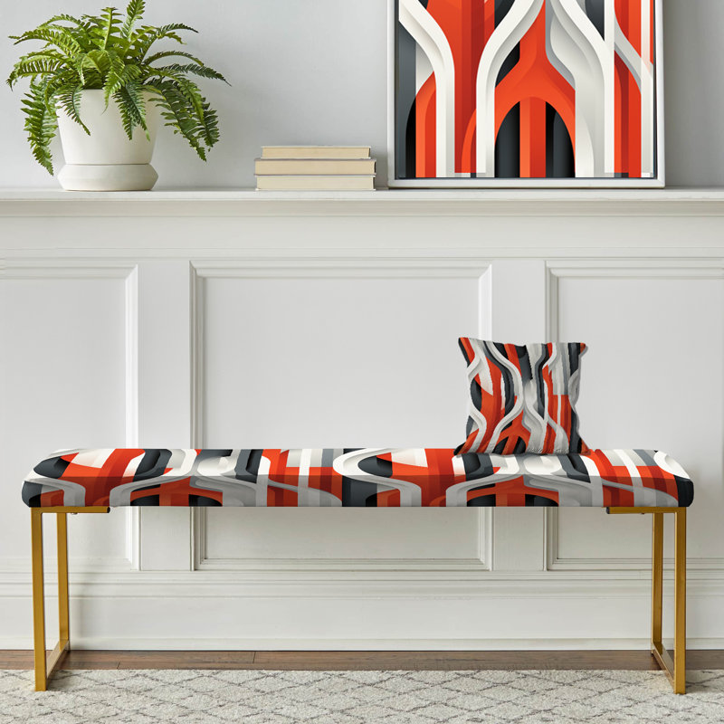 Banc rembourré rayé gris et rouge à motif géométrique