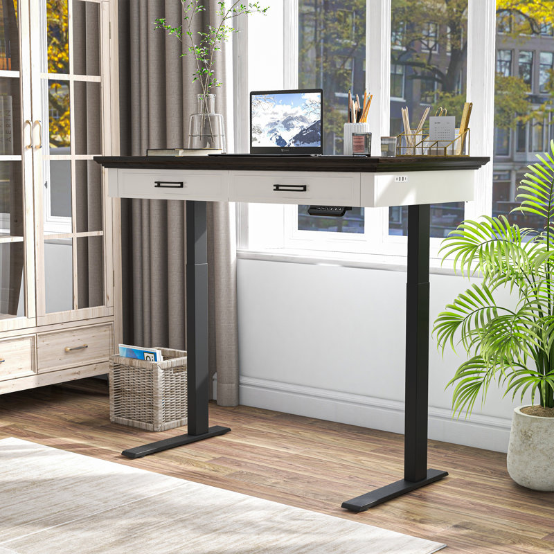 Adjustable Metal Base Standing Desk, Dark Brown/Cream