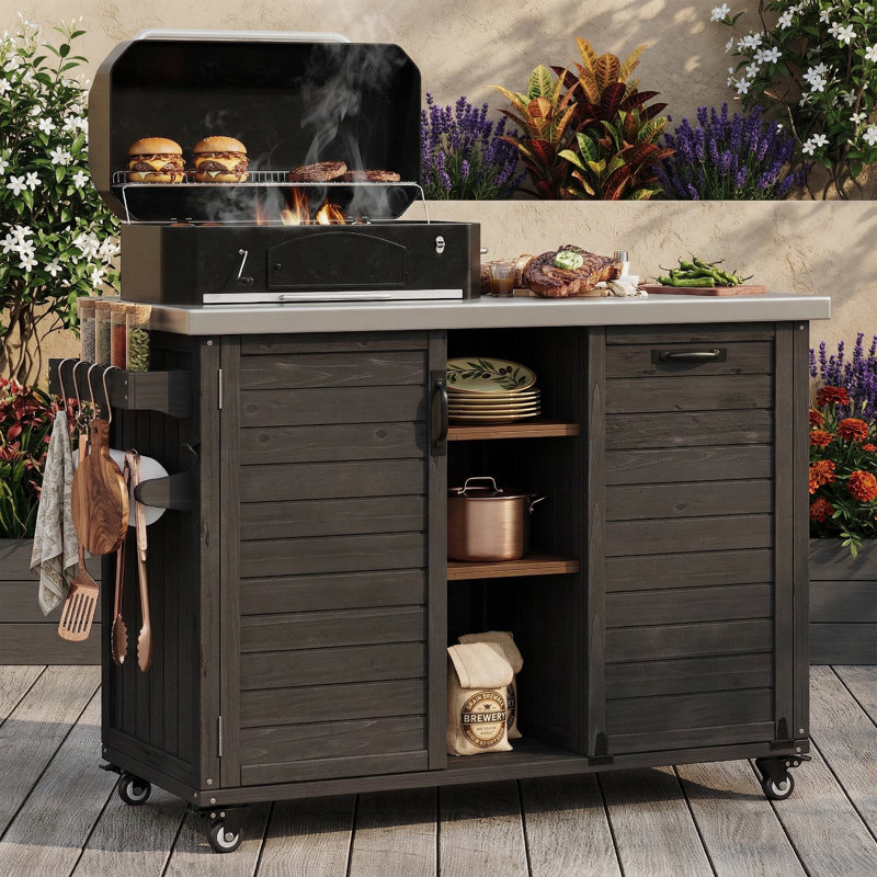 Îlot de cuisine extérieur pliant de 78,3 po de largeur avec plateau en acier inoxydable - Station de préparation de barbecue massive avec armoire à ordures inclinable - Chariot de barbecue mobile de 36 po de hauteur - Noir