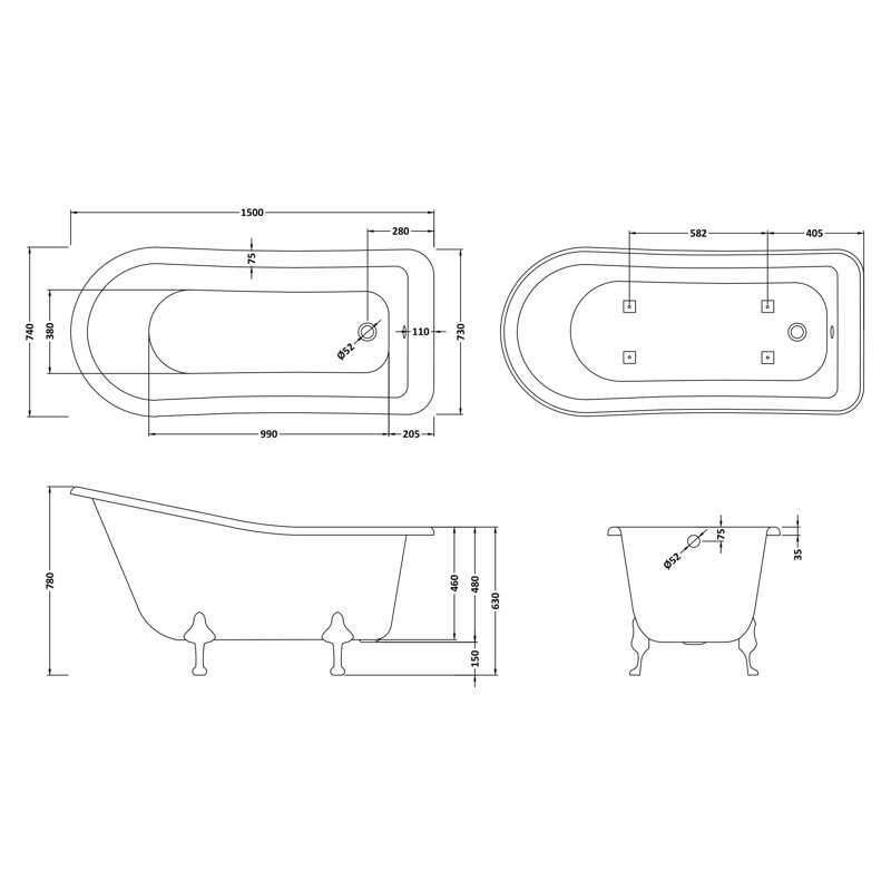 Brockley 1500mm x 730mm Soaking Acrylic Bathtub
