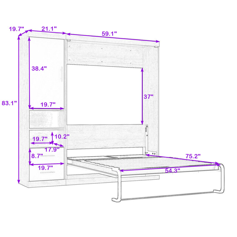 Lit escamotable avec tablettes de rangement et tiroirs Lotshaw, Complète