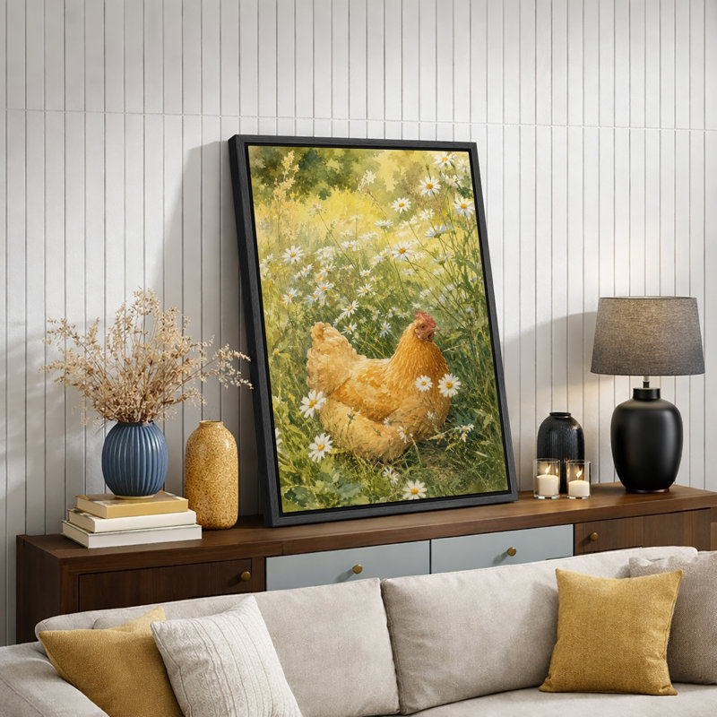 «Golden Hen in Sunlit Daisy Meadow», art de cuisine, impression sur toile encadrée, H 24 po x l 16 po x P 1,5 po, Cadre noir