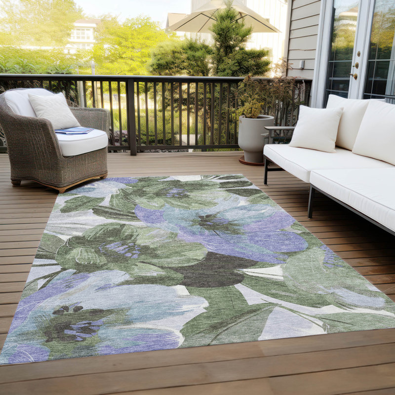 Olive and Blue Floral Synthetic Washable Area Rug