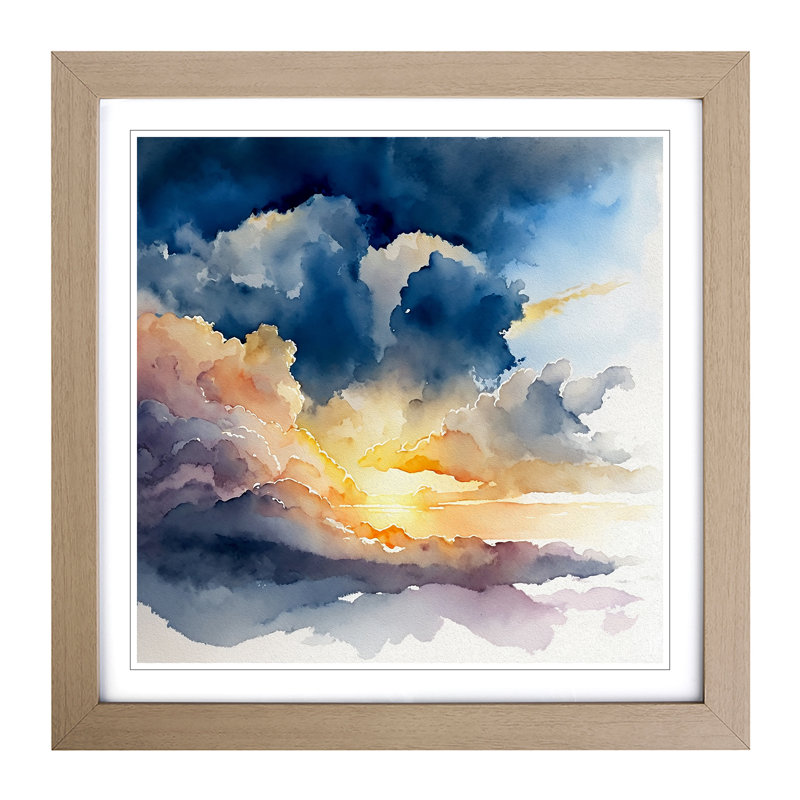 Cloudy Sky Watercolour No.1 - Single Picture Frame Print on Wood, Oak