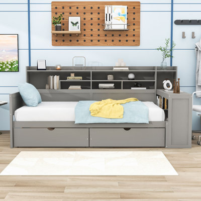 Wood 2 Drawers Daybed with Built-in Desk and Storage Shelves by Latitude Run