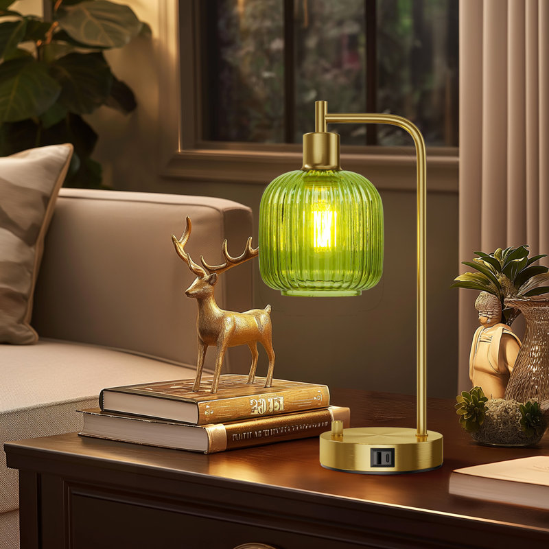Green Glass Table Lamps With Usb A&C Ports Set Of 2 For Bedroom, Gold, Green