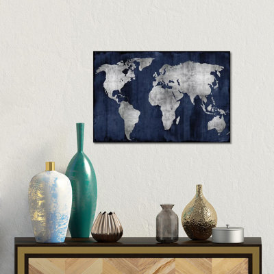 The World - Silver On Blue by Russell Brennan - Print on Canvas