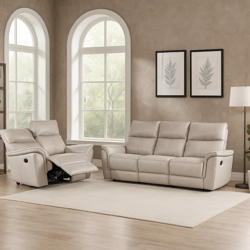 Lenne 2Pc Manual Reclining Sofa And Loveseat Set, Ivory Vegan Leather, Ivory