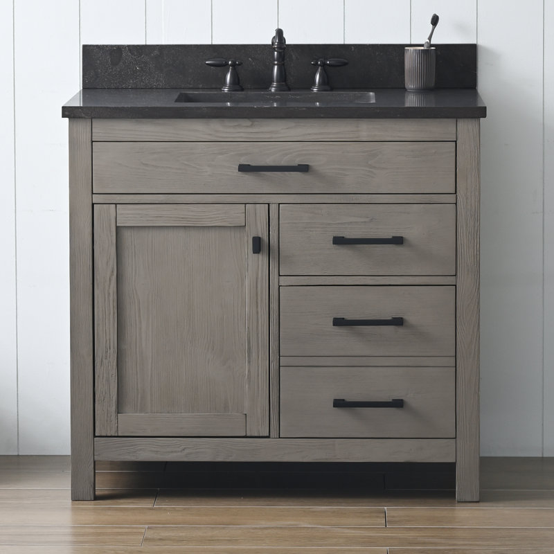 Ensemble de meuble-lavabo simple 36 po Ajiya, Gris texturé / noir mat, Calcaire bleu