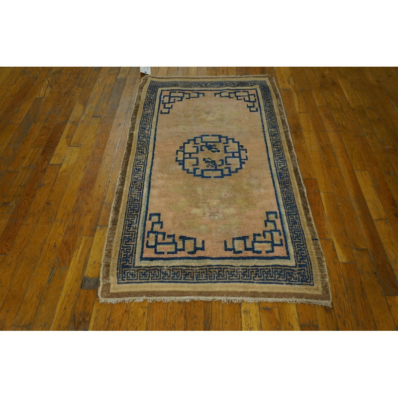 Antique Geometric Medallion Wool Hand Knotted Pile Coral / Salmon Pink 1750s Rug
