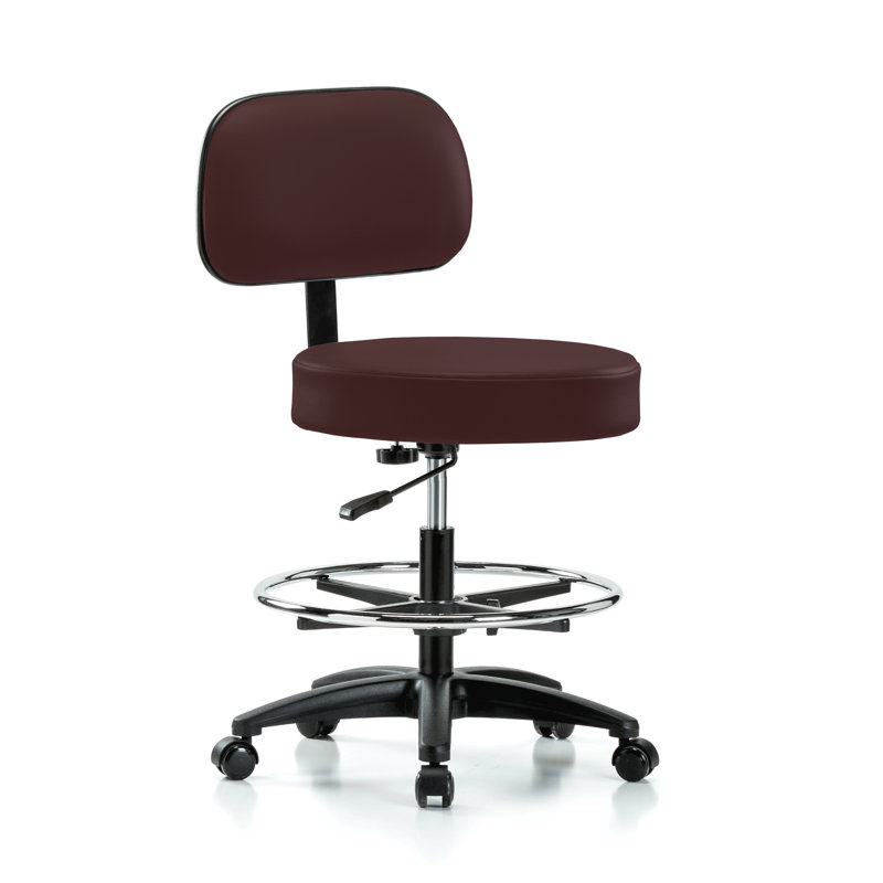 PERCH Walter Height Adjustable Exam Stool with Backrest and Foot Ring | Medium Bench Height 21-28.5", Burgundy Fabric