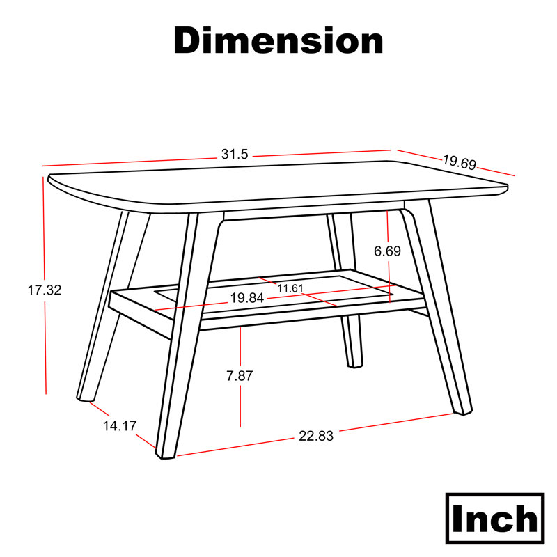 Table basse 100% chêne massif avec tablette de rangement Dulcio, H 17,3 po x L 31,5 po x l 19,7 po, Oak