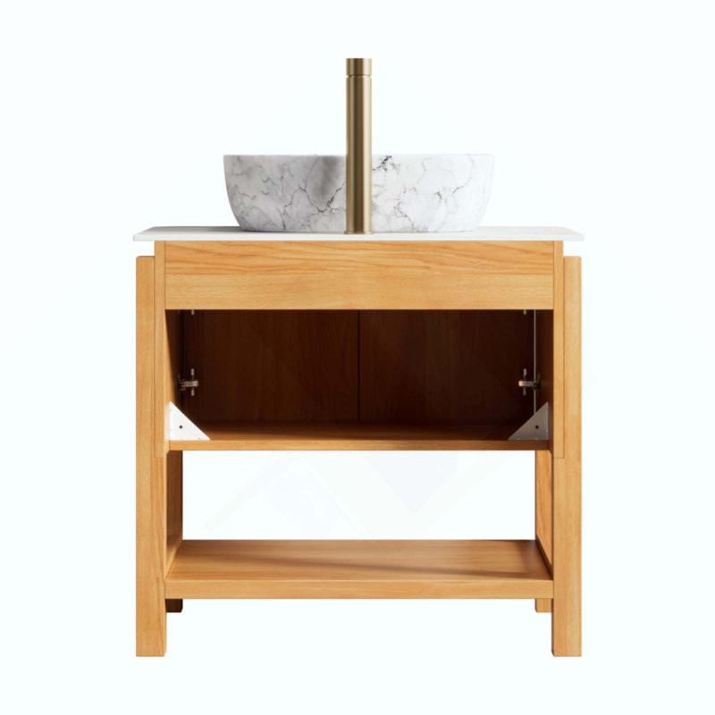 Meuble-lavabo de salle de bain, armoire de rangement autoportante en contreplaqué avec 2 portes en bambou texturé et tablette ouverte, lavabo en céramique à motif marbré et plateau en pierre frittée blanc de Carrare