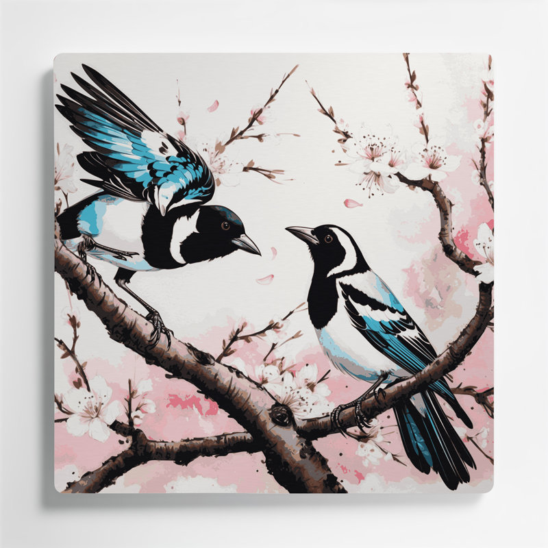 Oiseaux, art mural oriental gris, pie, H 16 po x l 16 po