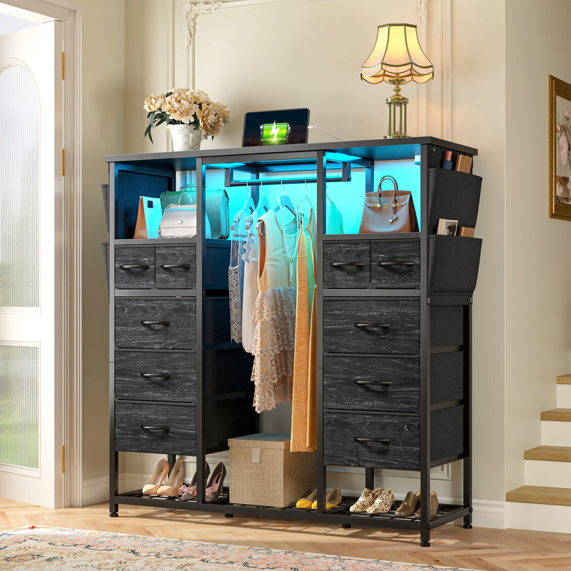 51.2" Wide Dresser With 10 Drawers, Built-in Clothing Rack, Usb Charging Station & Led Shoe Storage, Black