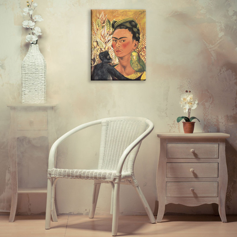 Autoportrait avec singe et perroquet par Frida Kahlo, toile tendue avec châssis, H 18 po x l 13 po