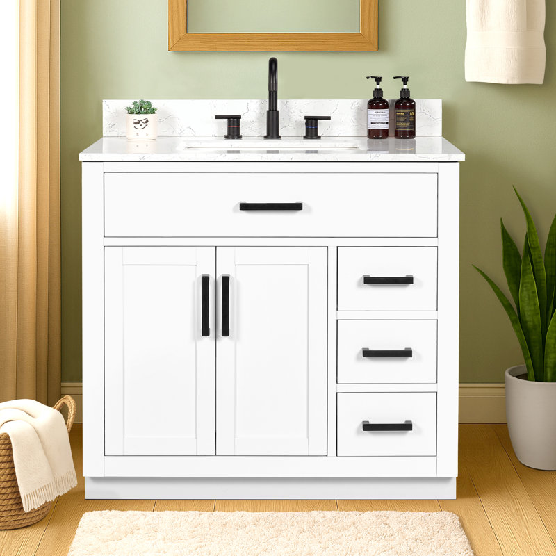 Meuble-lavabo simple 36 po avec tiroir, tablette, prise de courant et plateau en marbre d'ingénierie, Blanc