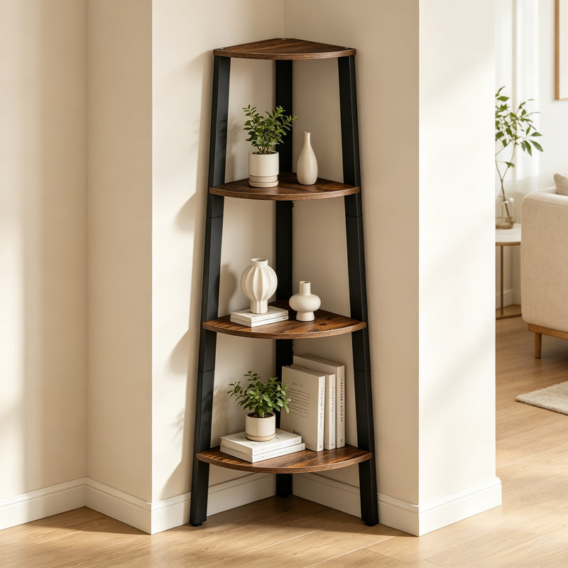 Étagère d'angle à 4 niveaux en forme d'échelle – Présentoir moderne et peu encombrant, Brun rustique