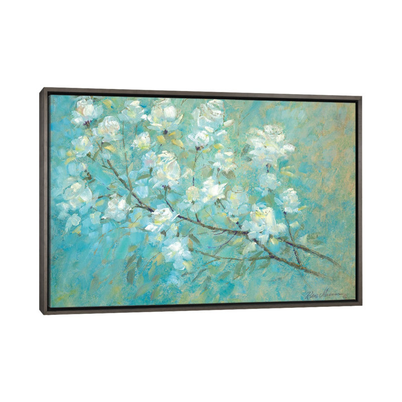 «Wild Rose Blossom» par Ruane Manning - reproduction d'art, H 26 po x l 40 po x 1,5 po, Toile avec cadre gris, Aucun mat