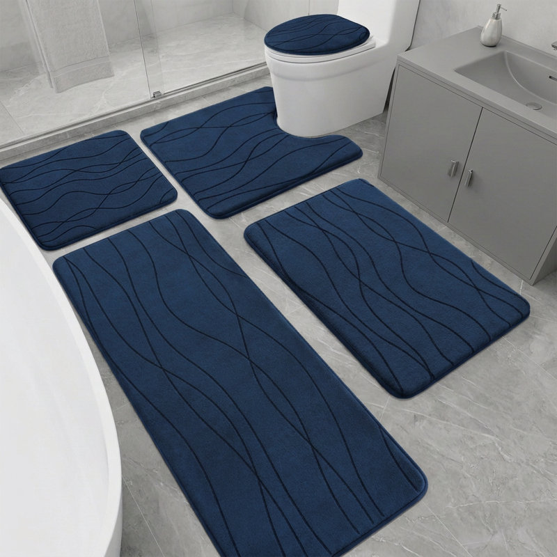5 Piece High Absorb 25D Memory Foam Bathroom Rug Set with Non-Slip Backing, Dark Blue