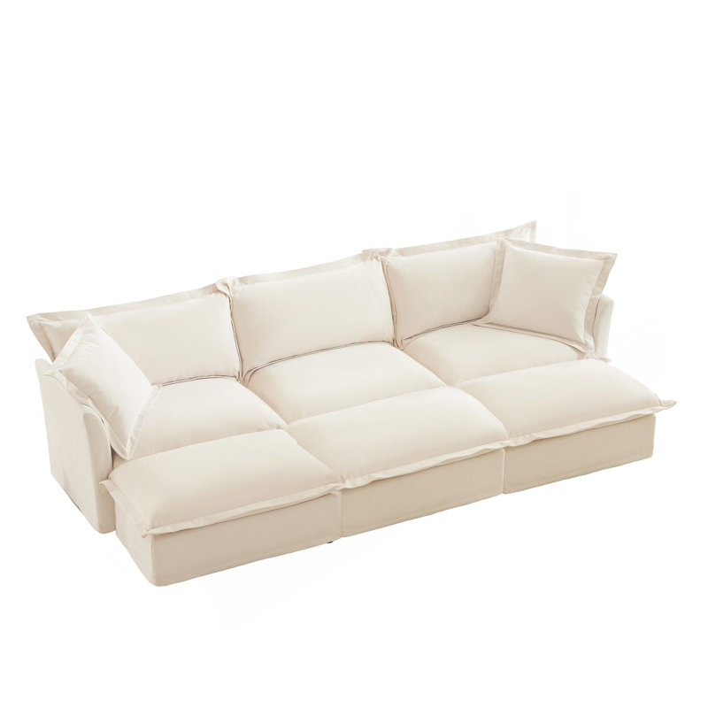 Living Room Sofa Slipcovered Sofa 3 Seater Sofa With 3 Ottomans, Oversized 3-Seat Sleeper Sofa Bed Home Theater Sofa, Chenille, Cream
