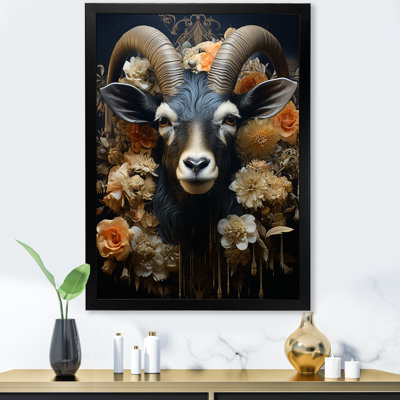 Chèvre noire, Illustration florale - Art mural animal de chèvre