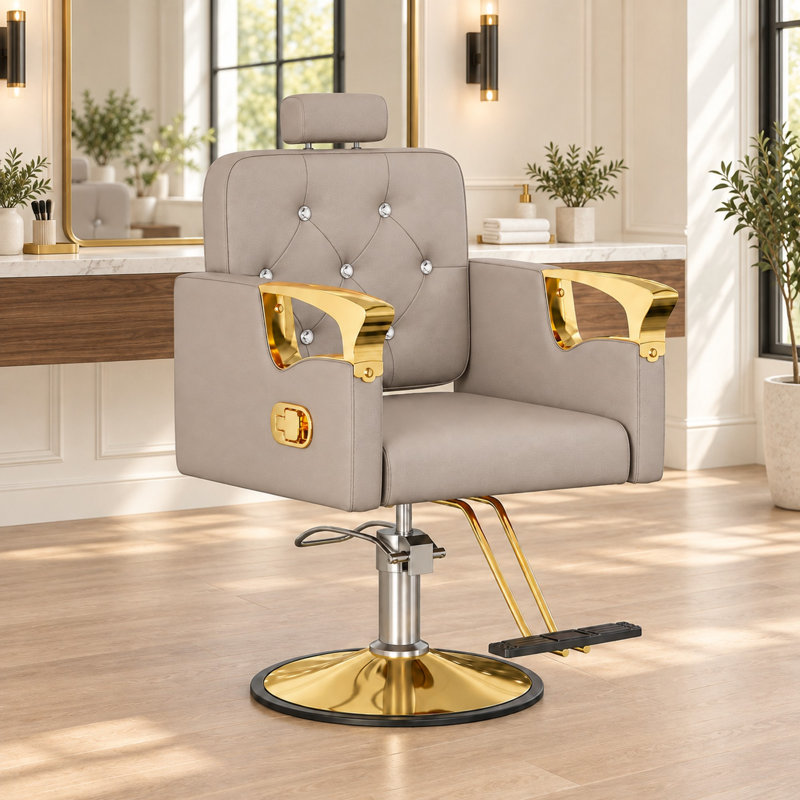 Reclining Salon Chair with Adjustable Height Barber Chair Hydraulic Salon Chair  -Gray/Gold, Gold, Gray
