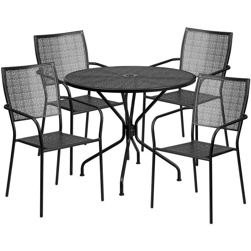 Amaaya 35.25'' Round Indoor-Outdoor Steel Patio Table Set with Square Back Chairs, Black, 5 Pieces: Table, 4 Chairs