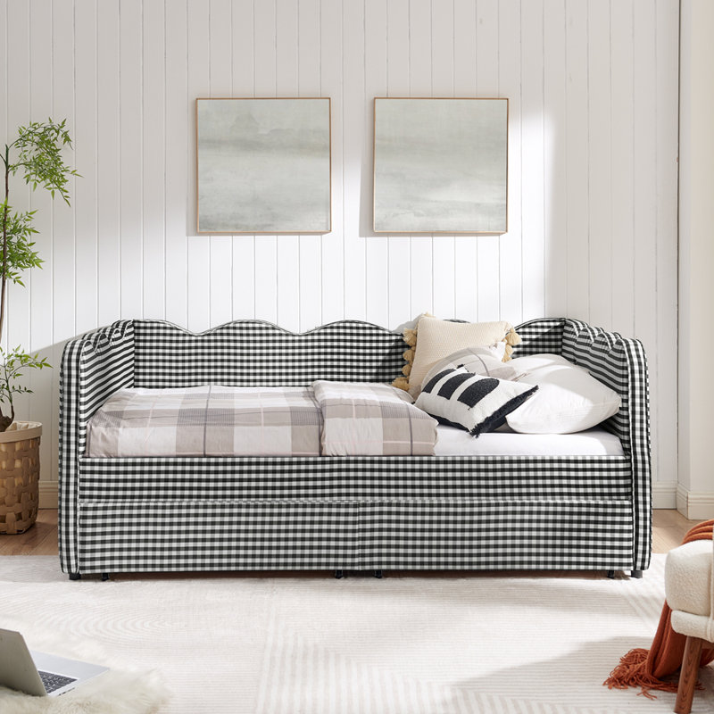 Full Size Cozy Gingham Daybed with Two Storage Drawers, with USB Port and Adorable Wave Shaped, Linen Fabric, Black