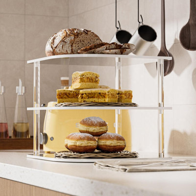 Range-assiettes pour armoire économiseur d'espace - Tablette de coin en acrylique pour vaisselle, bols, rangement à 3 niveaux pour armoire de cuisine, porte-assiettes et petite tablette pour le rangement de la salle de bain - Blanc