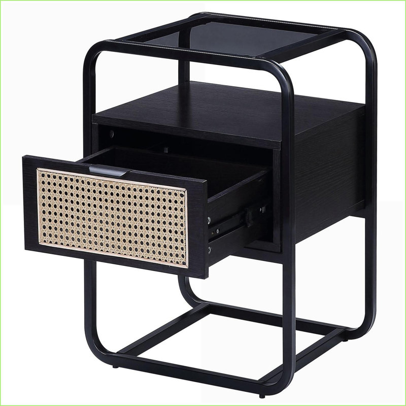 Table basse noire en verre trempé avec tiroir en rotin, facile à nettoyer et peu encombrante pour le salon