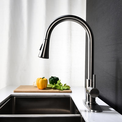 Robinet de cuisine moderne à douchette extractible, corps en acier inoxydable, teinte nickel brossé, acier sans effort