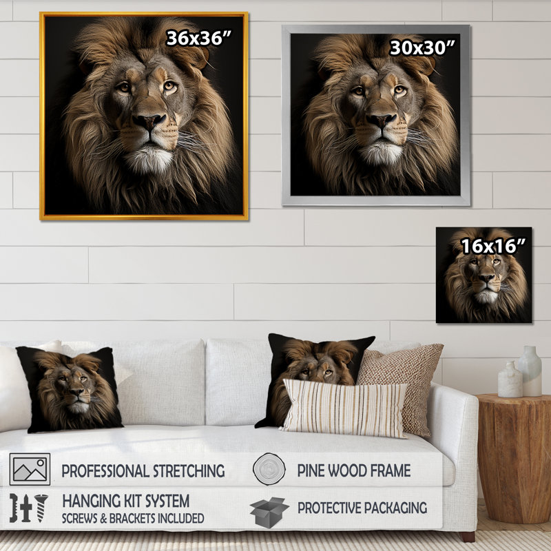 Dark Majestic Lion Portrait - Lion Animal Wall Decor, 16" H x 16" W x 1" D, Black Floater Framed